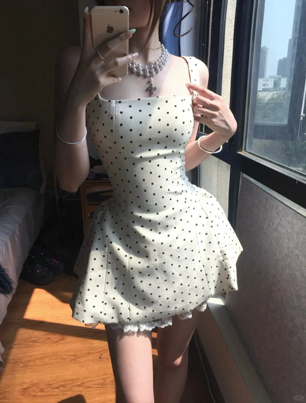 Square Neck Polka Dot Short Homecoming Dress Birthday Dress   P1566