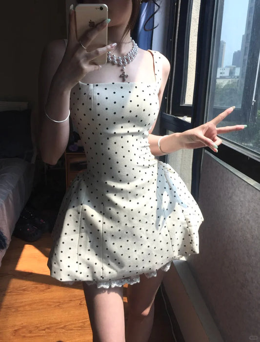 Square Neck Polka Dot Short Homecoming Dress Birthday Dress   P1566