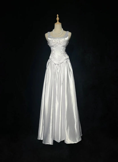 Square Neck White Satin Wedding Dress Retro Evening Gown  P2669
