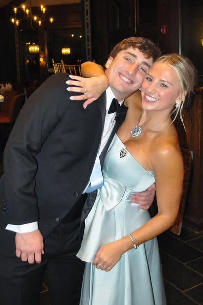 Strapless A-Line Blue Long Prom Formal Dress With Bow Knot  P2439