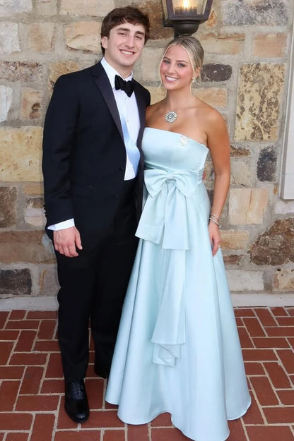 Strapless A-Line Blue Long Prom Formal Dress With Bow Knot  P2439
