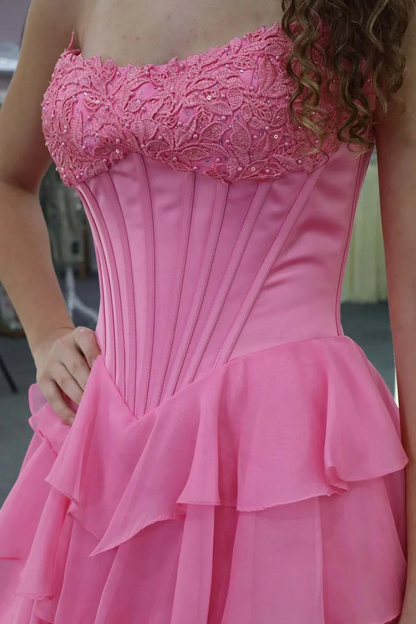 Strapless A-Line Chiffon Layered Pink Long Prom Dress With Slit  P866