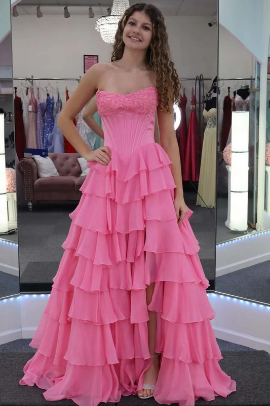 Strapless A-Line Chiffon Layered Pink Long Prom Dress With Slit  P866