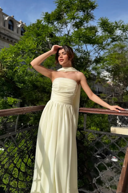 Strapless A-Line Chiffon Long Prom Dress Wedding Guest Dress With Scarf  P974