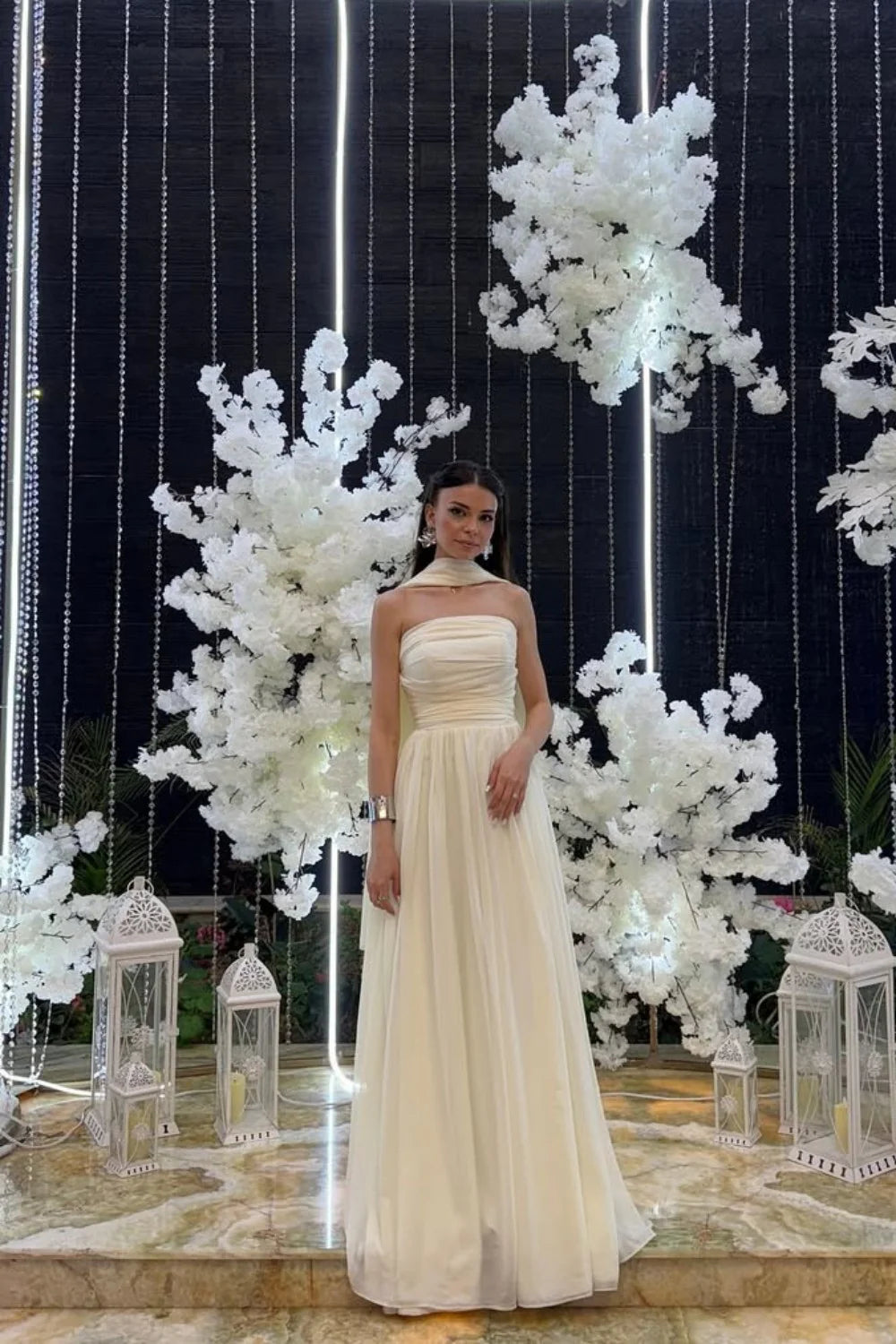 Strapless A-Line Chiffon Long Prom Dress Wedding Guest Dress With Scarf  P974
