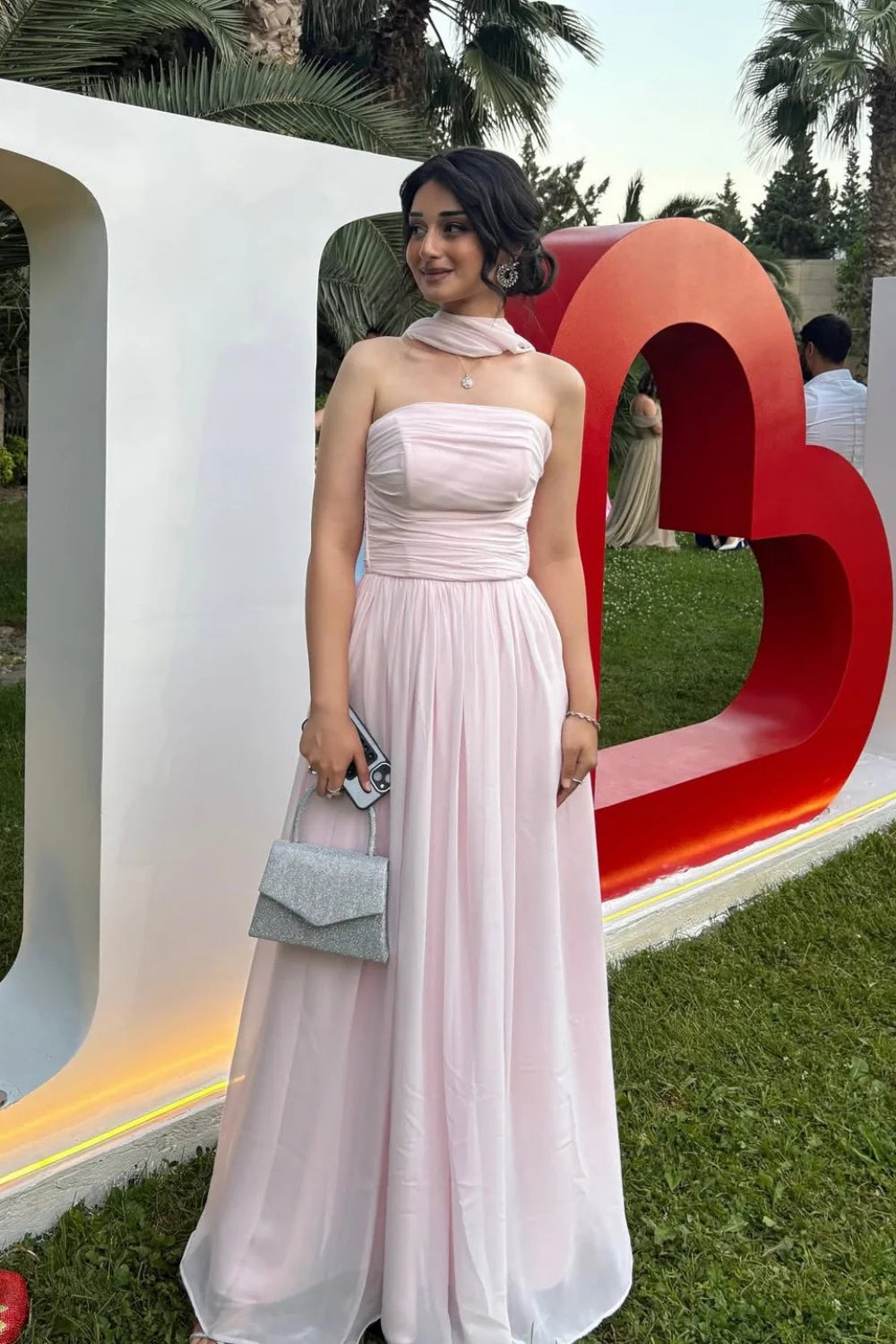 Strapless A-Line Chiffon Long Prom Dress Wedding Guest Dress With Scarf  P974