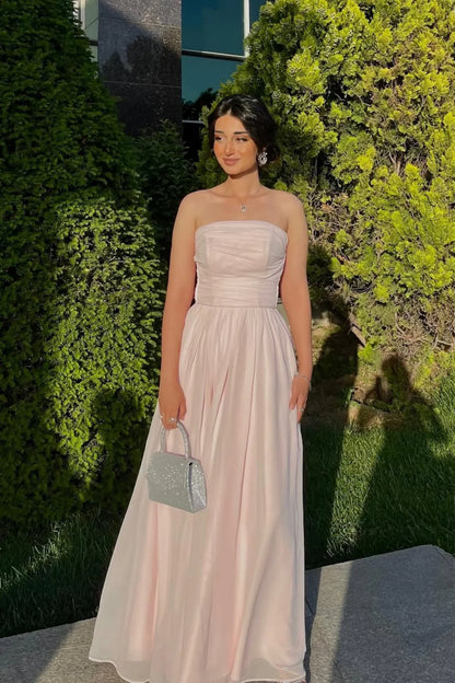 Strapless A-Line Chiffon Long Prom Dress Wedding Guest Dress With Scarf  P974