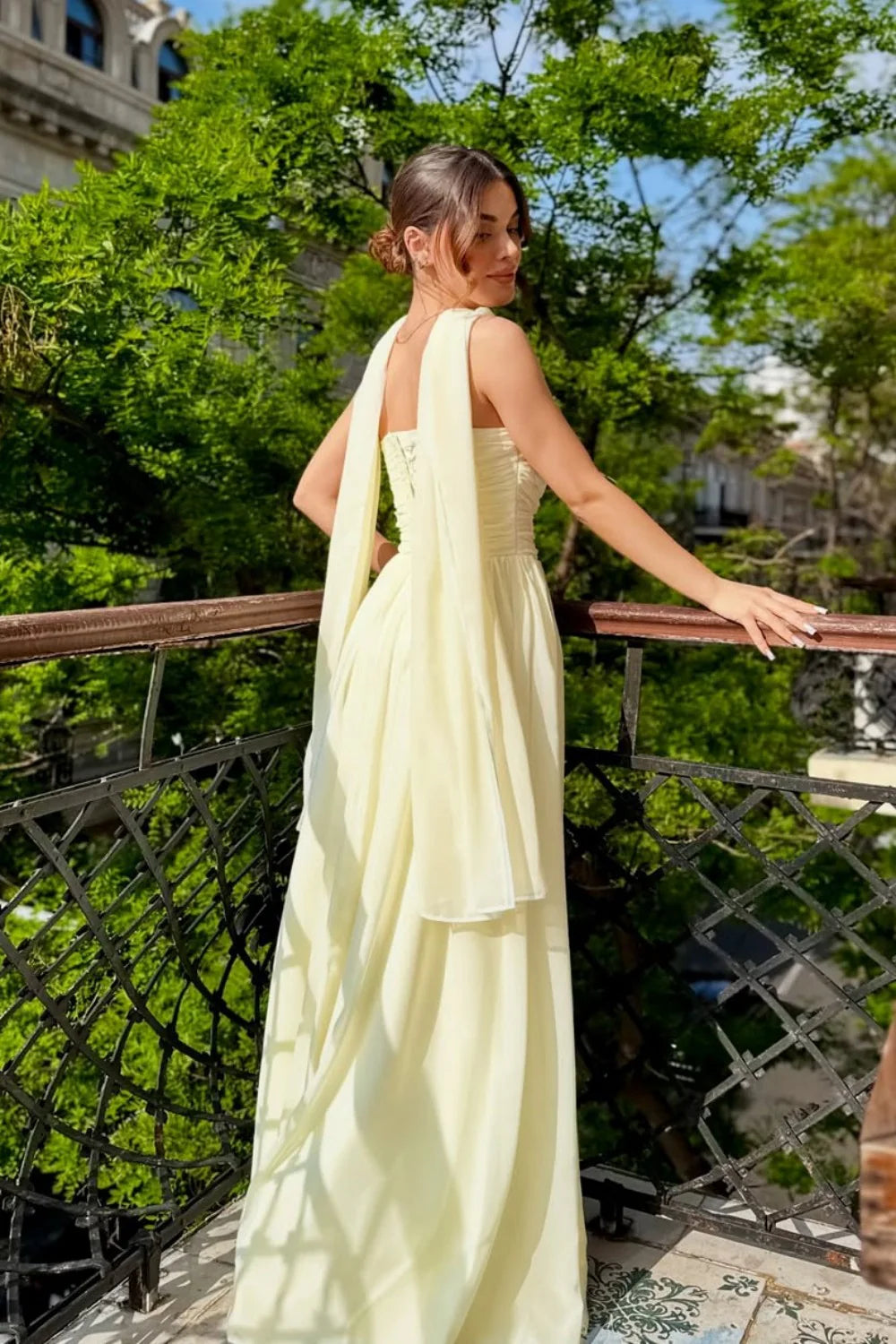 Strapless A-Line Chiffon Long Prom Dress Wedding Guest Dress With Scarf  P974
