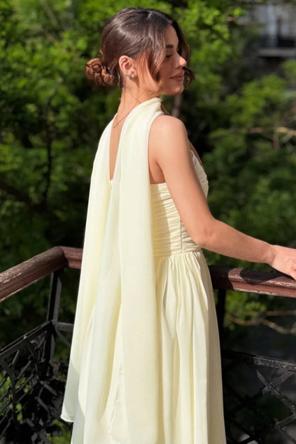 Strapless A-Line Chiffon Long Prom Dress Wedding Guest Dress With Scarf  P974