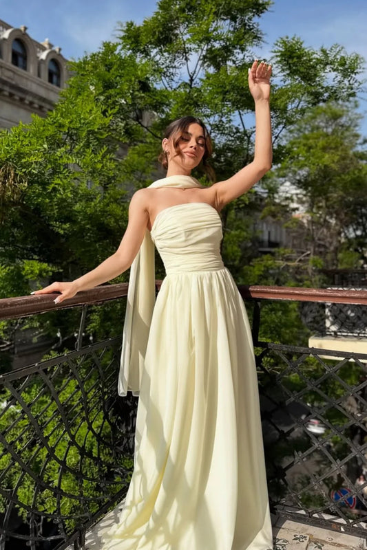 Strapless A-Line Chiffon Long Prom Dress Wedding Guest Dress With Scarf  P974