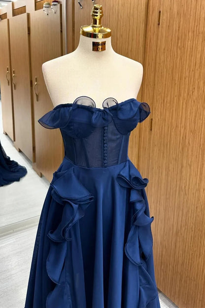 Strapless A-Line Chiffon Navy Blue Ruffled Long Prom Dress  P989