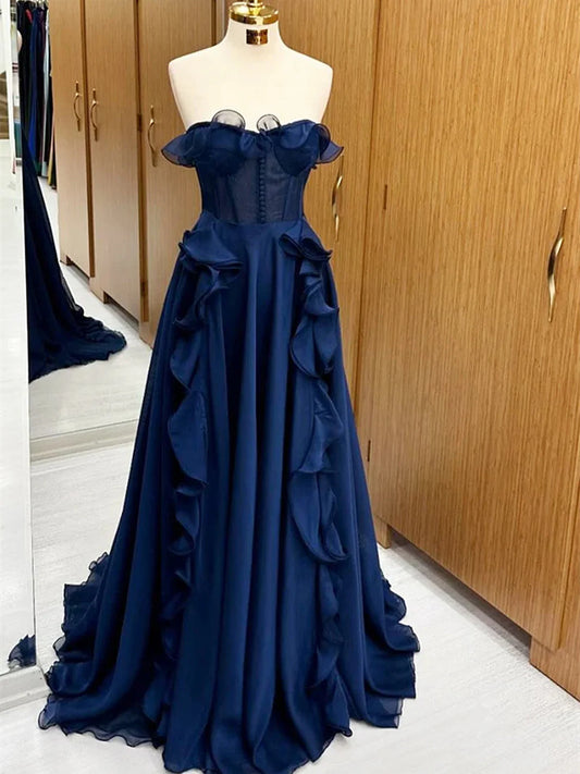 Strapless A-Line Chiffon Navy Blue Ruffled Long Prom Dress  P989