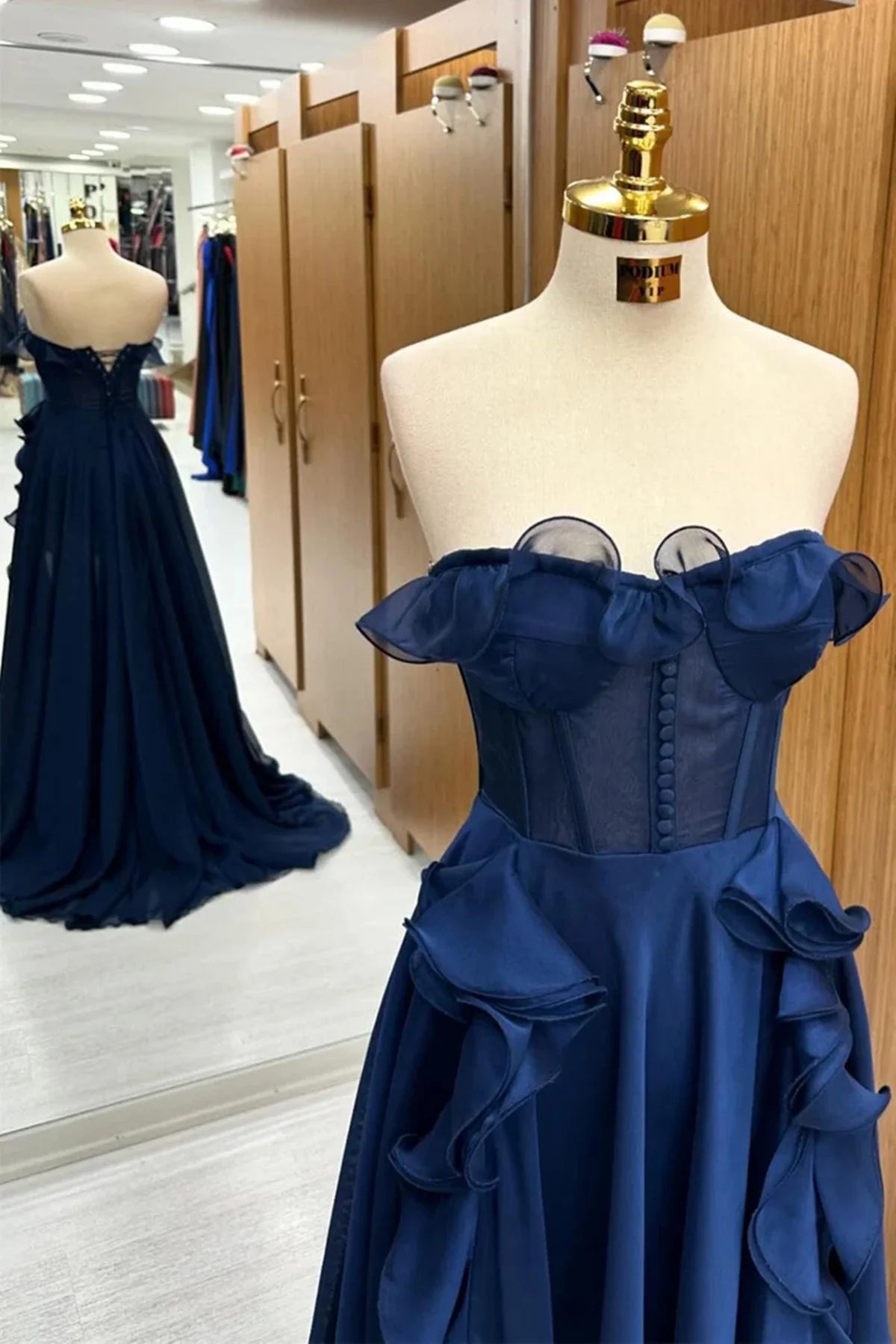Strapless A-Line Chiffon Navy Blue Ruffled Long Prom Dress  P989