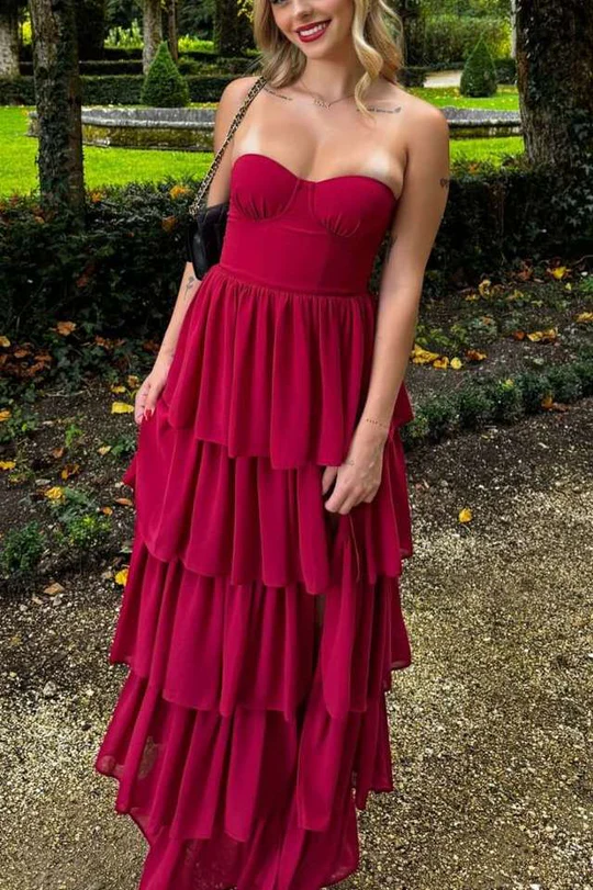 Strapless A-Line Layered Chiffon Formal Prom Dress Wedding Guest Dress  P859