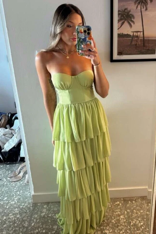 Strapless A-Line Layered Chiffon Formal Prom Dress Wedding Guest Dress  P859