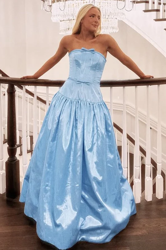 Strapless A-Line Satin Long Prom Dress With Bow  P843