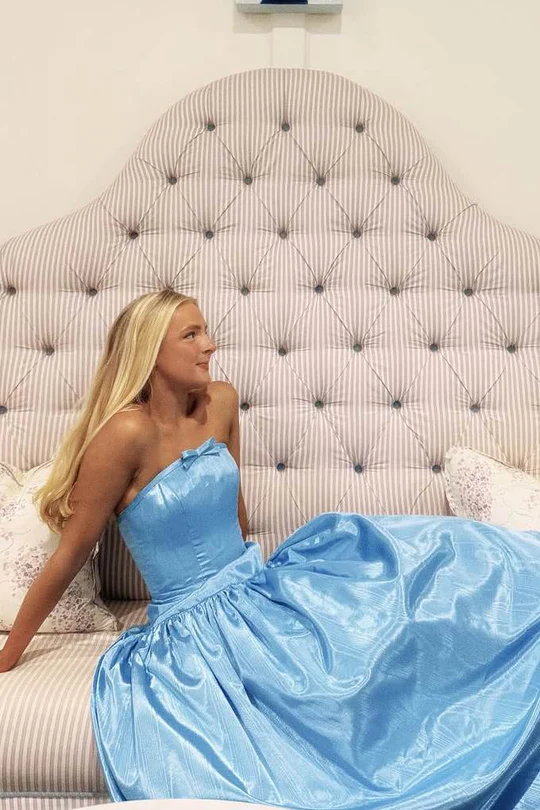 Strapless A-Line Satin Long Prom Dress With Bow  P843