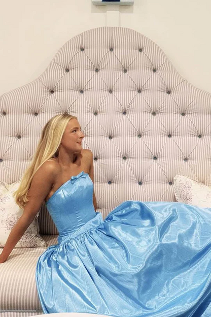 Strapless A-Line Satin Long Prom Dress With Bow  P843