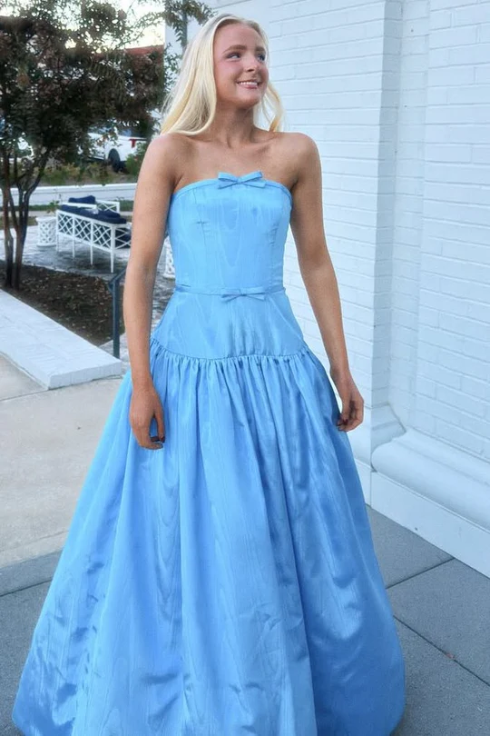 Strapless A-Line Satin Long Prom Dress With Bow  P843