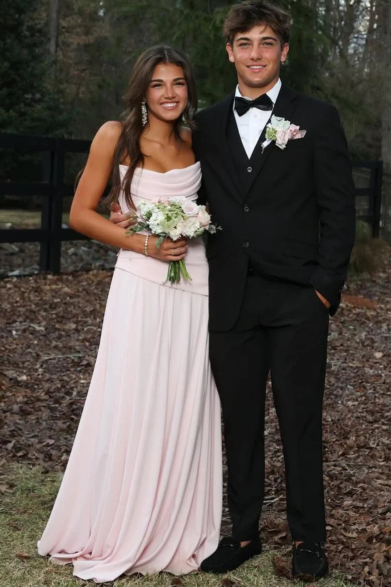 Strapless A Line Baby Pink Chiffon Prom Dress Formal Wedding Guest Dress P995