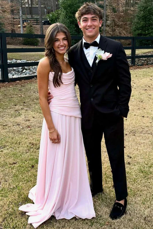 Strapless A Line Baby Pink Chiffon Prom Dress Formal Wedding Guest Dress P995