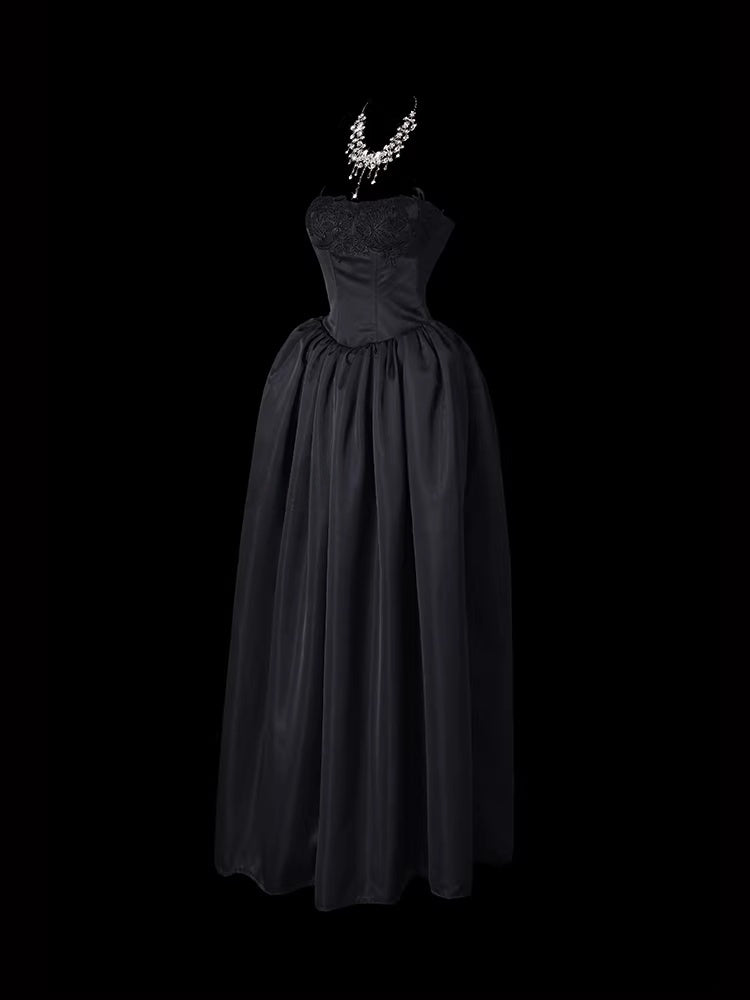 Strapless A Line Black Prom Dress Tie Up Back Formal Dress   P693