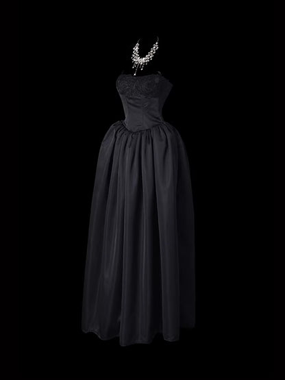 Strapless A Line Black Prom Dress Tie Up Back Formal Dress   P693