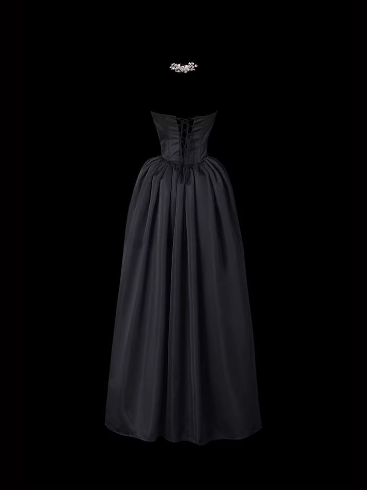 Strapless A Line Black Prom Dress Tie Up Back Formal Dress   P693