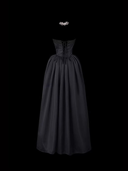 Strapless A Line Black Prom Dress Tie Up Back Formal Dress   P693
