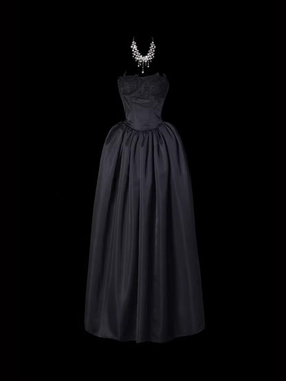 Strapless A Line Black Prom Dress Tie Up Back Formal Dress   P693