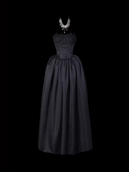 Strapless A Line Black Prom Dress Tie Up Back Formal Dress   P693