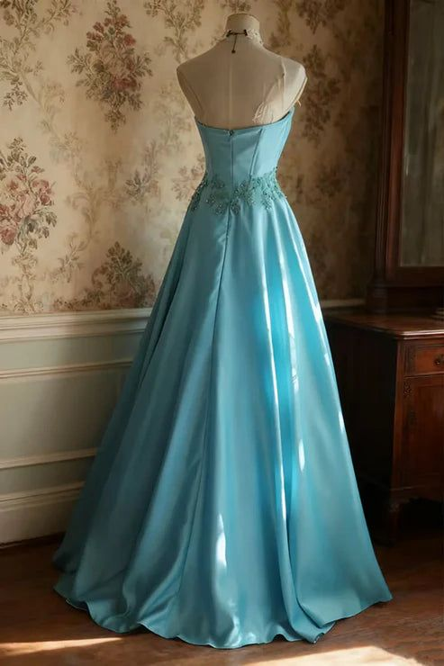 Strapless A Line Blue Long Dress Formal Satin Evening Dress  P931