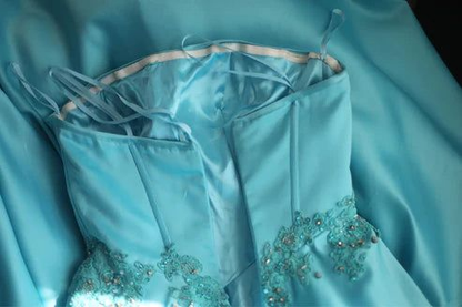 Strapless A Line Blue Long Dress Formal Satin Evening Dress  P931