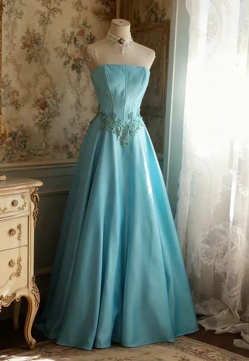 Strapless A Line Blue Long Dress Formal Satin Evening Dress  P931