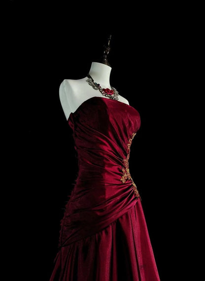Strapless A Line Burgundy Retro Prom Dress Formal Evening Dress  P1288