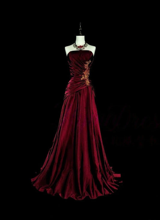 Strapless A Line Burgundy Retro Prom Dress Formal Evening Dress  P1288