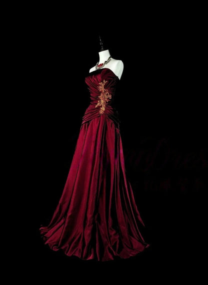 Strapless A Line Burgundy Retro Prom Dress Formal Evening Dress  P1288
