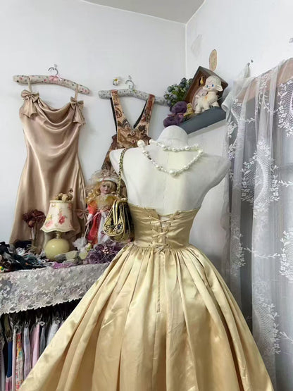 Strapless A Line Champagne Formal Prom Dress Satin Evening Dress   P2076