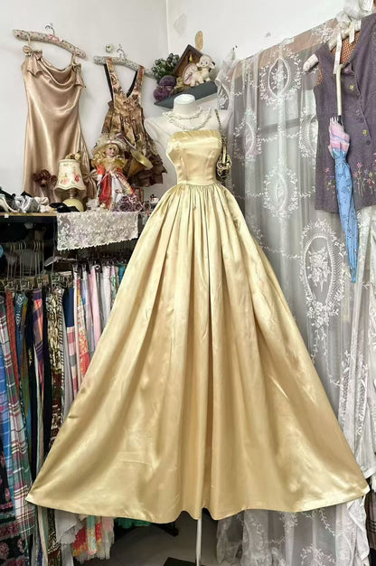 Strapless A Line Champagne Formal Prom Dress Satin Evening Dress   P2076