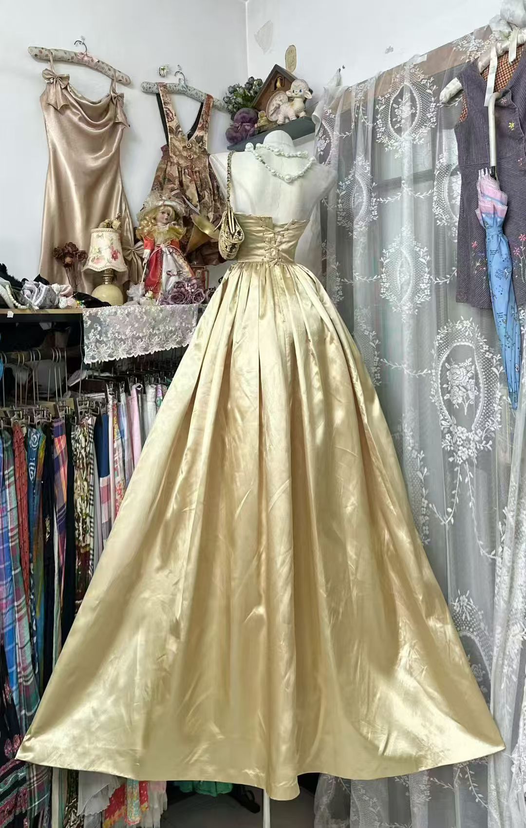 Strapless A Line Champagne Formal Prom Dress Satin Evening Dress   P2076