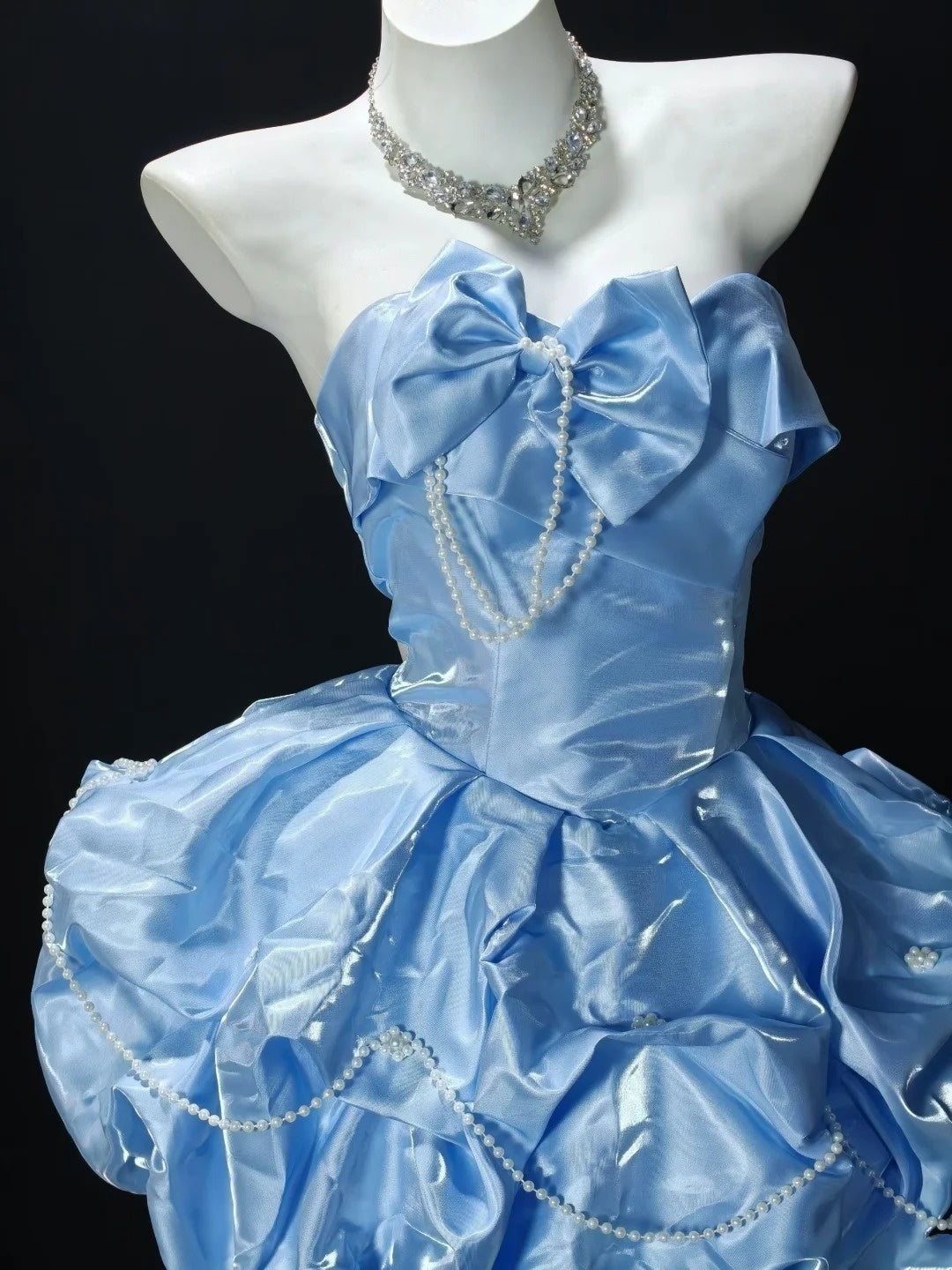 Strapless A Line Cute Birthday Dress Blue Homecoming Dress With Bow Knots  P1965
