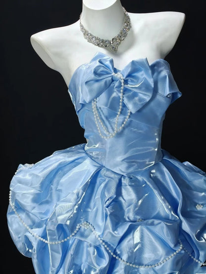 Strapless A Line Cute Birthday Dress Blue Homecoming Dress With Bow Knots  P1965