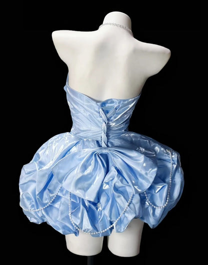 Strapless A Line Cute Birthday Dress Blue Homecoming Dress With Bow Knots  P1965