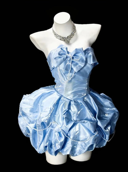 Strapless A Line Cute Birthday Dress Blue Homecoming Dress With Bow Knots  P1965