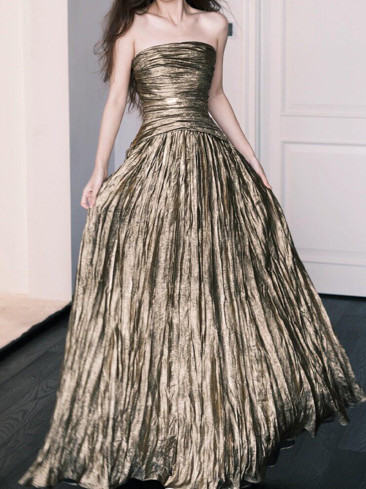 Strapless A Line Formal Prom Dress Gold Birthday Dress  P950