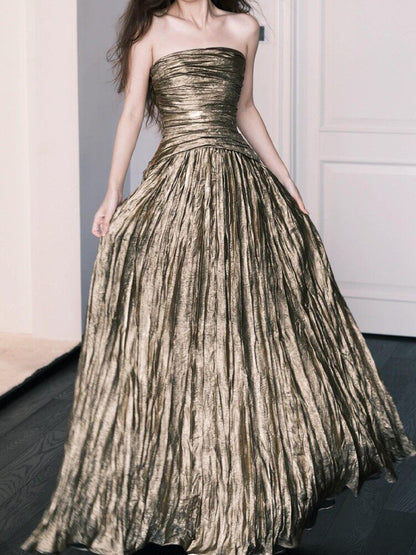Strapless A Line Formal Prom Dress Gold Birthday Dress  P950