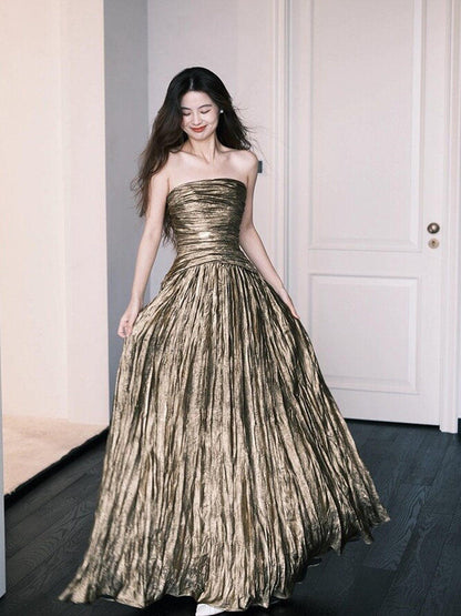 Strapless A Line Formal Prom Dress Gold Birthday Dress  P950