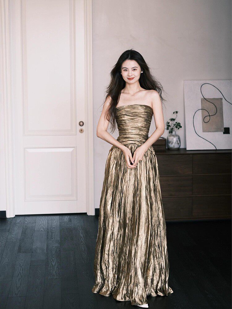 Strapless A Line Formal Prom Dress Gold Birthday Dress  P950