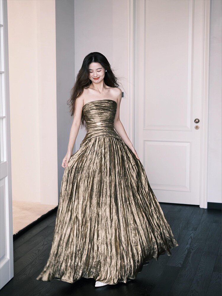 Strapless A Line Formal Prom Dress Gold Birthday Dress  P950