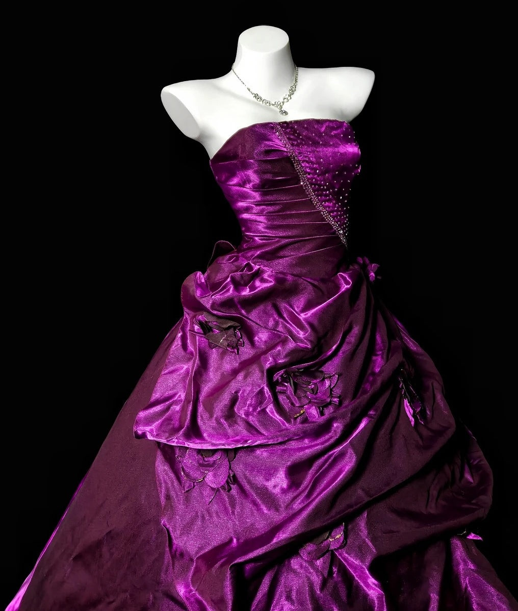 Strapless A Line Fuchsia Satin Formal Prom Dress Retro Evening Dress P1823